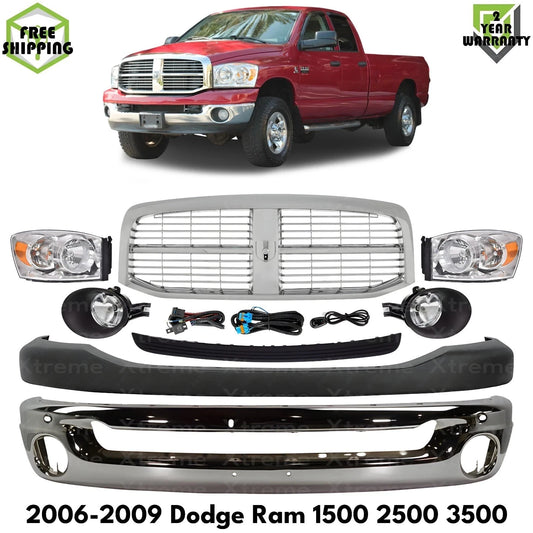 Front Bumper Chrome Steel & Headlight Kit For 2006-2009 Dodge Ram 1500 2500 3500